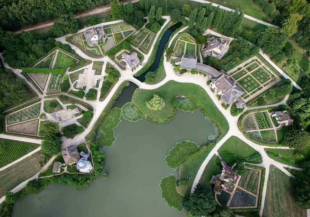 Aerial view of the hamlet of the queen, Domain of Versailles, France