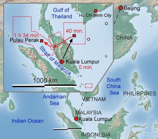 Route of Malaysia Airlines MH370 with search area inserted. Small circles are claimed sighting of debris